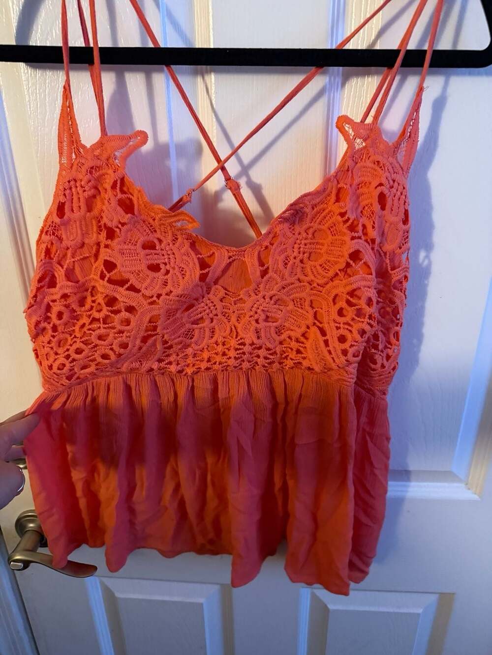 Blakeley Orange Crochet Lace Spaghetti Strap Peplum Tank Top